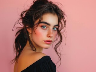 Naklejka premium beauty, hair, face, model, fashion, skin, makeup, hairstyle, glamour, one, studio, eyes, lips, closeup, person, brunette, long, make-up, style, people, head, care, lady, teenager woman, hair, beauty