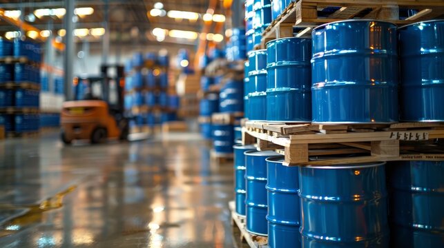 Blue drums filled with liquid chemicals stacked on wooden pallets in a warehouse, forklift in background, isolated view, dispatch process