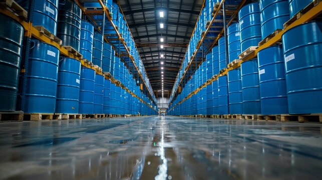 Blue drums on wooden pallets lined up in a warehouse aisle, dispatch process underway, industrial lighting