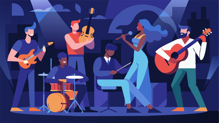 A group of talented musicians gathered in a dimly lit room filling the air with the harmonious sounds of their instruments.. Vector illustration
