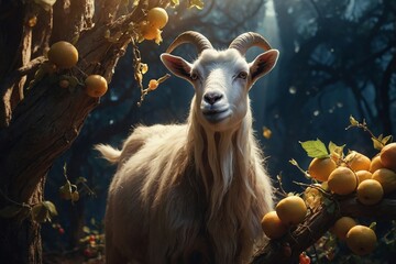 The goat uses a glowing staff to harvest enchanted fruits from a magical tree.