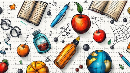 Back to school stationary elements with apple, back to school pattern background