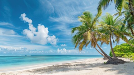 Fototapeta premium Panoramic beach scene with coconut palms and turquoise waters under a clear blue sky, perfect for vacation and relaxation themes.