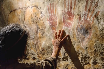 Archaeologist studying monolithic cave art, mysteries of prehistoric civilizations.