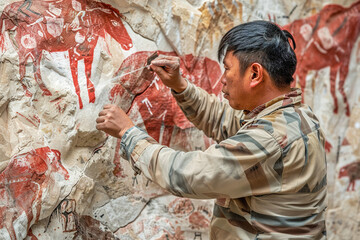 Obraz premium Archaeologist studying monolithic cave art, mysteries of prehistoric civilizations.