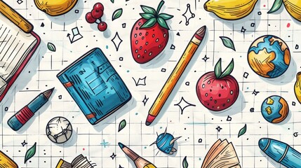 Back to school stationary elements with apple, back to school pattern background