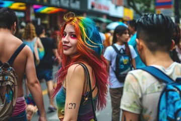 Photograph of a lot of people walking by on the street. One very beautiful colorfully dressed woman briefly turns her head, looks at me and smiles mysteriously 