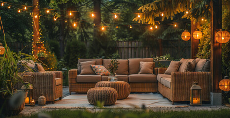 Naklejka premium Cozy Backyard Patio with String Lights. Garden Outdoor Relaxation. Inviting patio with comfortable furniture, string light, and lush greenery, creating a relaxing ambiance for outdoor. Generative AI.