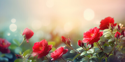 Obraz premium Red Roses in rose garden. Beautiful Rose Flowers. Floral background for greeting card for Birthday, Mother's day, Women's day, Wedding