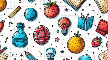 Back to school stationary elements with apple, back to school pattern background