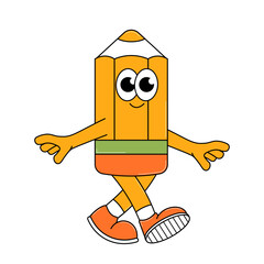Back to school retro character. Cute walking pencil. Funky groovy sticker on a transparent background. Contemporary vector illustration.