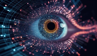 a close up of a blue eye with a black hole in the center