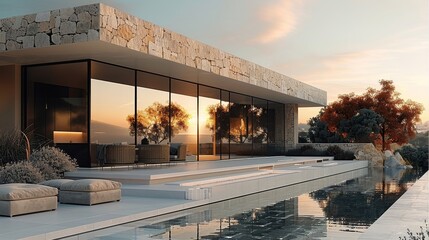 Modern minimalist villa with warm tones with natural stone cladding on one level. Generative AI.