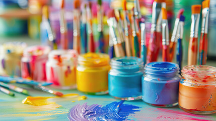 Colorful palette paints and brushes