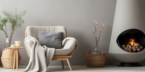 Cozy Scandinavian Living Room with Minimalist Design, Natural Textures, Fireplace, and Armchair. Concept Scandinavian Design, Minimalist Living, Natural Textures, Fireplace Decor, Armchair Styles