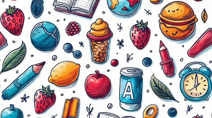 Back to school stationary elements with apple, back to school pattern background