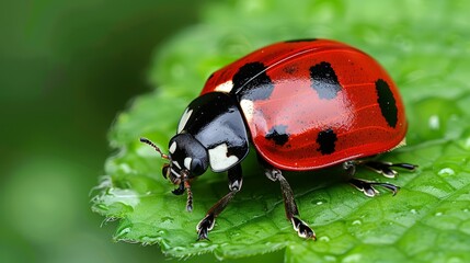 Fototapeta premium A tight shot of a red and black insect perched on a verdant leaf Water droplets adorn its back legs and rear end