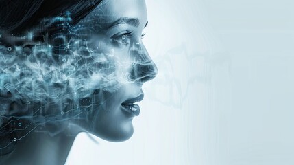 Double exposure of a human face and a voice waveform, digital interface overlay analyzing speech patterns, isolated background