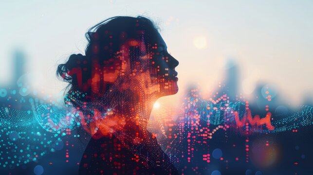 Double exposure of a speaking person's silhouette and an advanced voice recognition interface with analysis metrics and sound patterns