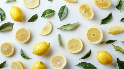  A collection of lemons with surrounding greenery on a white backdrop Green leaves draped over and under each slice, with a prominent display atop and base