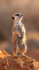 Fototapeta premium Meerkat Standing Vigilantly on Desert Lookout Curious and Alert in Sunlit Habitat