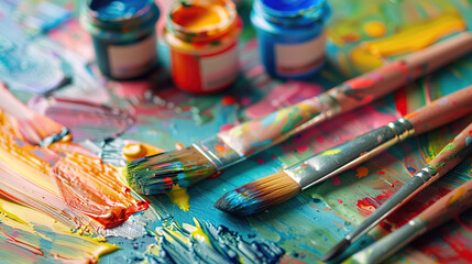 Colorful palette paints and brushes