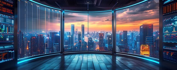 Futuristic Trading Station with Multi Screen Analytics Overlooking Dynamic Urban Skyline