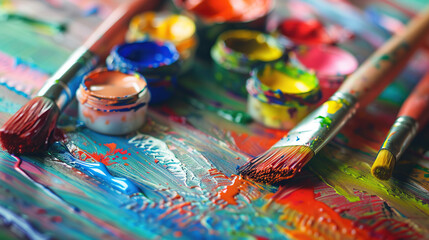Fototapeta premium Colorful palette paints and brushes