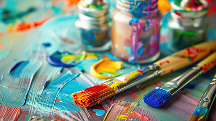 Obraz premium Colorful palette paints and brushes