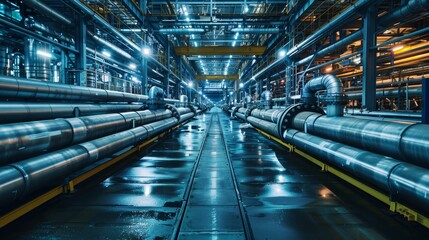 Obraz premium Expansive view of steel pipelines and cables in an oil production facility, detailed pipe rack infrastructure