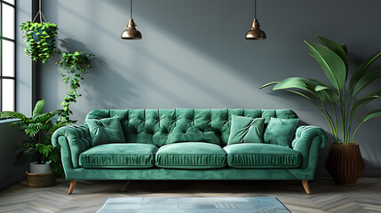 Green sofa and decor in living room, isolated white background