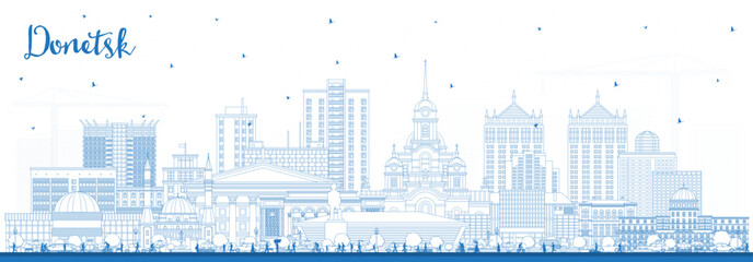 Outline Donetsk city skyline with blue buildings. Donetsk cityscape with landmarks. Business travel and tourism concept with modern and historic architecture.