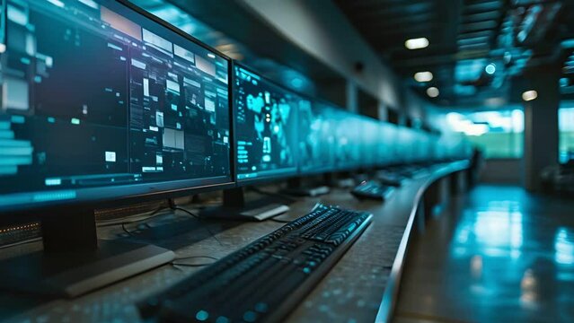 A row of computer monitors displaying a world map with data overlays. The image conveys technology, networking, and global connectivity.
