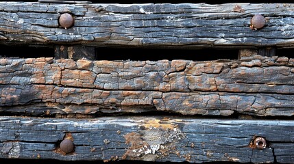  A tight shot of weathered wood, adorned with protruding rusted metal rivets and screws atop and bottom edges