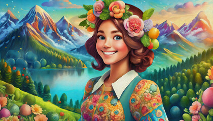 oil painting style  cartoon illustration stylish happy woman with floral headpiece and dress on bright background