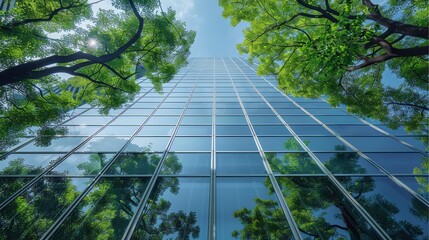 Low angle shot of tall glass building with green trees on the sides, blue sky. Generative AI.