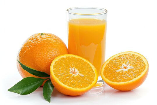 Portrait of fresh sunkist orange with a glass of orange juice isolated on white background 