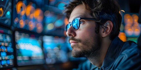 Engineer in control room intensively focused on screens preparing for launch. Concept Control Room, Engineer, Launch Preparation, Intense Focus, Technology