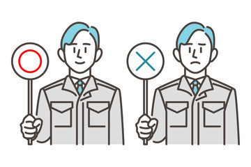A male worker in work clothes holding a stick with correct and incorrect marks on it [Vector illustration material]