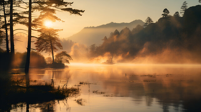 A serene lake surrounded by mist covered trees in the early morning light.