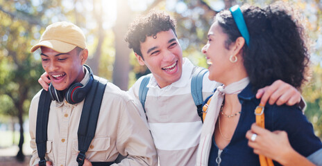 Students, laughing and friends in university park with conversation and study talk outdoor. Happy,...