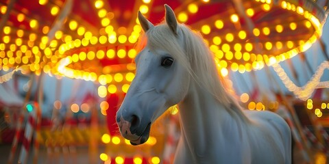 A white circus horse illuminated by bright yellow and red lights. Concept animal photography, circus theme, colorful lighting, outdoor setting, artistic posing