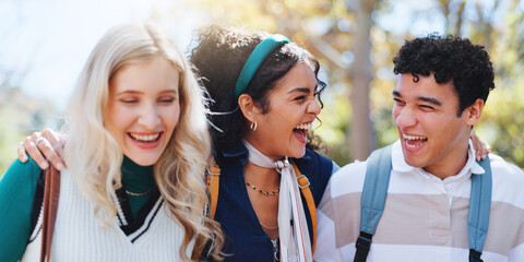 Students, campus and friends joke in university park with conversation and study talk outdoor....