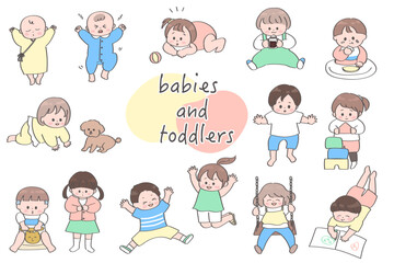 優しいカラーの赤ちゃんと幼児の手書きのイラストセット