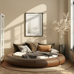 Frame mockup, european style bedroom interior with round bed