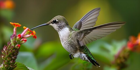 Fototapeta premium Capturing Nature's Beauty: A Hummingbird's Graceful Feeding. Concept Nature Photography, Wildlife Close-ups, Hummingbird Behavior, Birdwatching Techniques