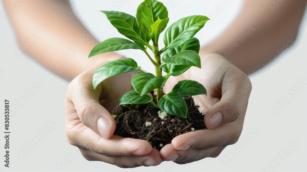 Poster hands holding plant side view isolated on white background. generative ai.