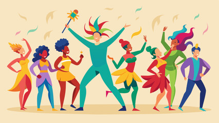 A flash mob of local artists showcasing their talents with colorful costumes and energetic choreography drawing the attention of curious onlookers.. Vector illustration