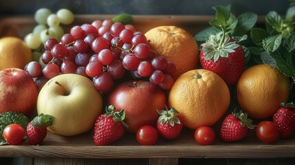 A different fruits and vegetable on wooden board. Generative AI.