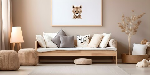 Designing a Children's Room with a Wooden Mockup Frame and Natural Materials. Concept Children's room design, Wooden mockup frame, Natural materials, Playful decor, Cozy corner